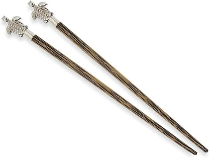 Wooden Chopsticks 9⅞" Coconut Palm Wood Chopstick With Metal Sea Turtle Top Eating Utensils Oriental Cutlery Asian Tableware Decorative Dinnerware to Serve Chinese Japanese Korean Food