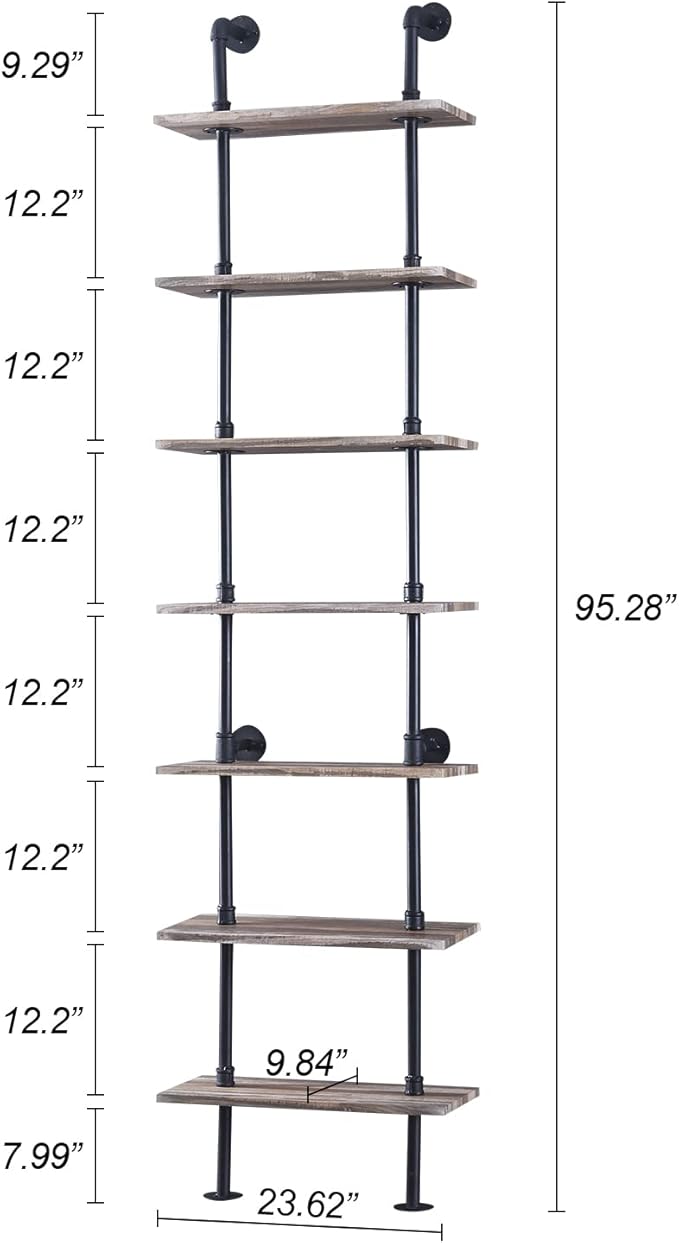 HOMBAZAAR Industrial Bookshelf, 7-Tier Industrial Pipe Bookshelf, Wall Mounted Ladder Shelves with Metal Frame for Home Office, Living Room, Oak Brown