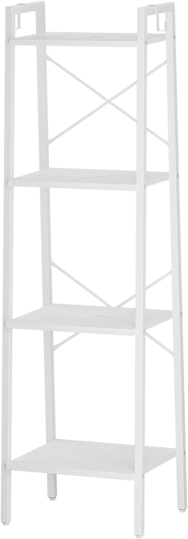 Ladder Shelf, Bookshelf Bookcase, Freestanding Corner Storage Shelve with 2 Hooks for Home Office, Living Room, Kitchen, Bedroom, Industrial, 4-Tier White BC13213W