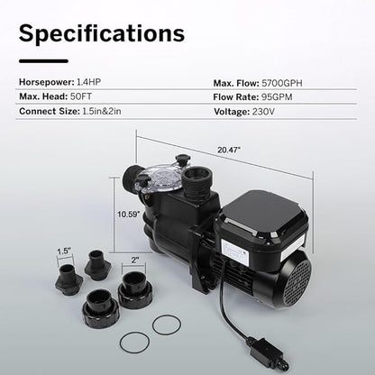 BlueBay 1.4HP Inground & Above Ground Swimming Pools Pump Variable Speed, 230V/60HZ, with Color LED Screen, Air Cooled Motor, Energy Star Certified