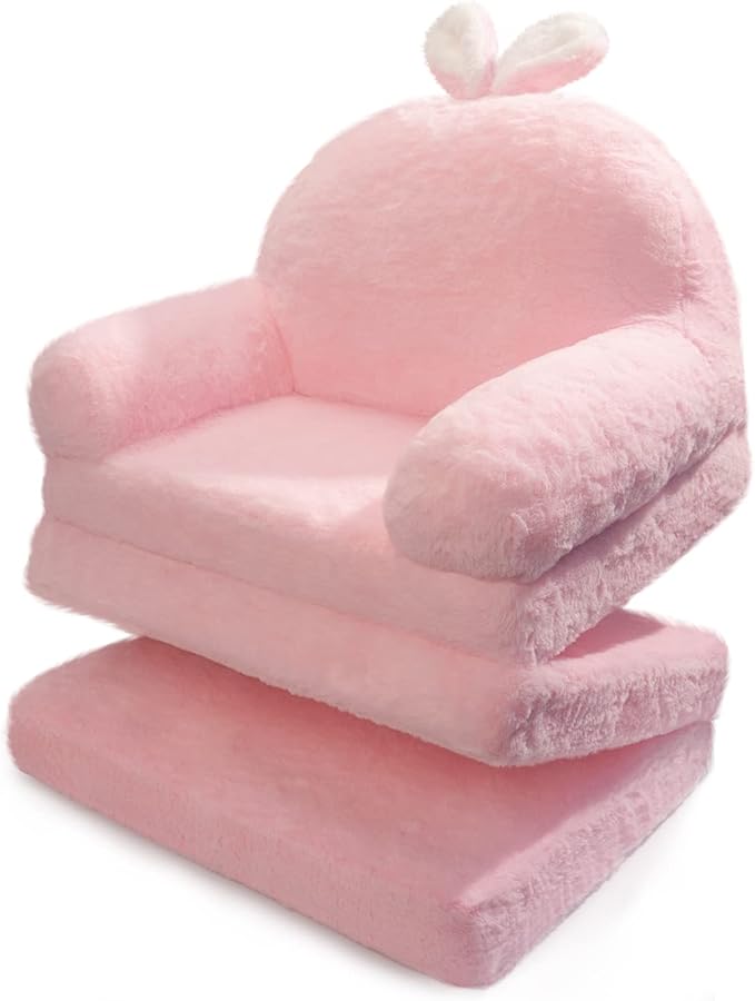 Kids Couch Fold Out Soft Toddler Chairs,Toddler Armrest Chair Bed for Play,Gift for 0-3 Years,Pink Bunny