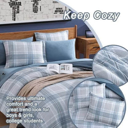 Blue Comforters Queen Size, Plaid Queen Bedding Sets for Boys & Girls,Classic Homestead-Style Bed in A Bag Queen with Sheets and Comforter Set (Light Blue,Queen,90"*90")