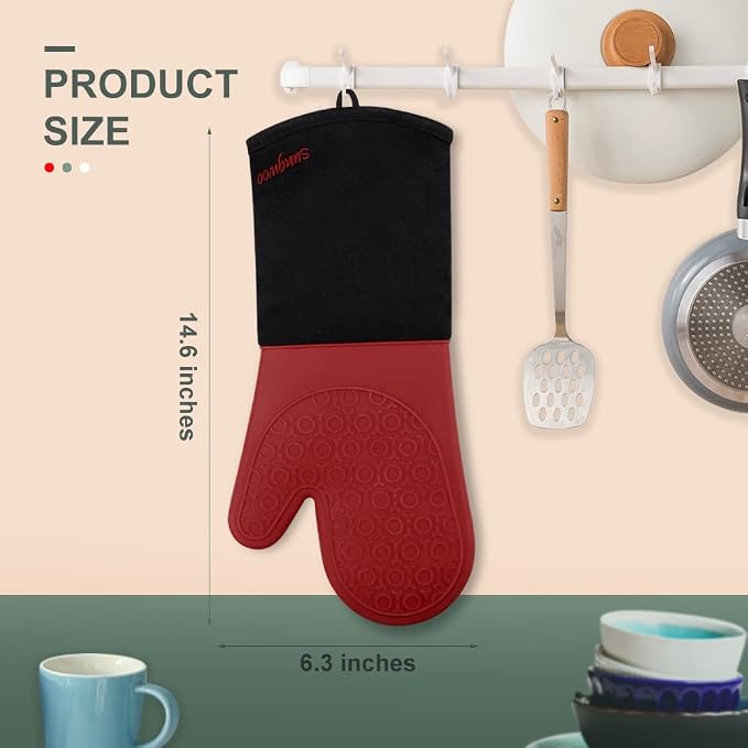 sungwoo Extra Long Silicone Oven Mitts, Heat Resistant Oven Gloves with Quilted Liner Non-Slip Textured Grip Perfect for BBQ, Baking, Cooking and Grilling - 1 Pair 14.6 Inch Red & Black