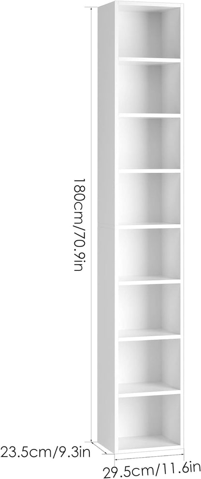 FOTOSOK 8-Tier Media Tower Rack, 11.6 X 9.3 X 70.9 Inches CD DVD Slim Storage Cabinet with Adjustable Shelves, Tall Narrow Bookcase Display Bookshelf for Home Office, white
