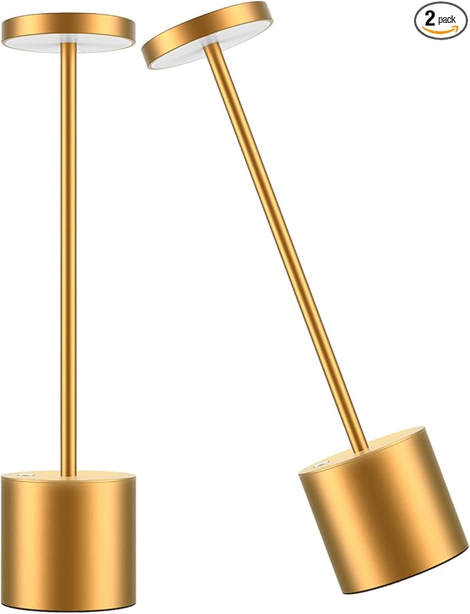 Rechargeable Cordless LED Table Lamp, Portable USB Metal Desk Lamp 6000mAh Battery Operated 3 Level Dimmable Reading Lights for Bedside Nightstand Restaurant Parlor Dining 2Pack Gold