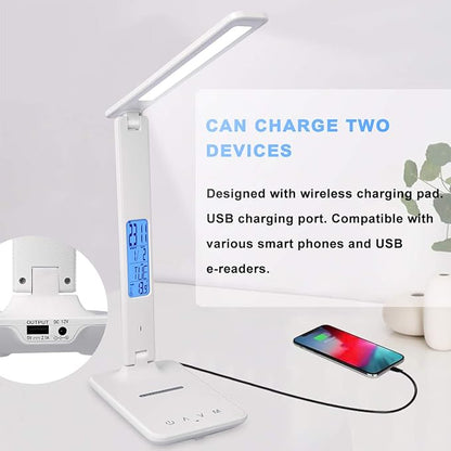 LED Desk Lamp, Desk Lamp with Wireless Charger, Suitable for Home, Office Dimmable Desk Lamp, with USB Charging Port, Built-in Clock, Calendar, Thermometer and Automatic Timing Reading Desk Lamp.
