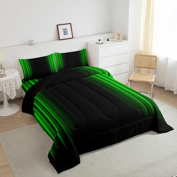 Feelyou Geometric Abstract Ombre Bedding Bed Set Men Adults Teens Green and Black Striped Comforter Set Kids Boys Girls Simple Modern Comforter Inner Fill Bedroom Collection 3Pcs King Size