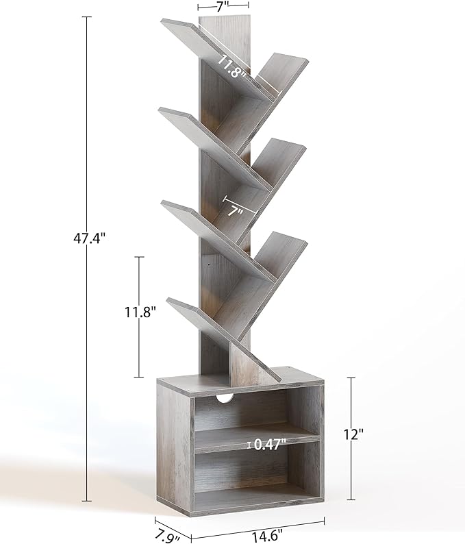 SUNMORY 6 Tier Tree Bookshelf, Tall Bookcase with Storage Cabinet, Modern Narrow Bookshelves Organizer, Floor Standing Book Shelf for Bedroom/Living Room/Home Office/Corner, Grey