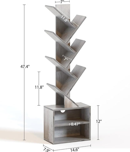 SUNMORY 6 Tier Tree Bookshelf, Tall Bookcase with Storage Cabinet, Modern Narrow Bookshelves Organizer, Floor Standing Book Shelf for Bedroom/Living Room/Home Office/Corner, Grey
