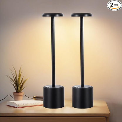 Rechargeable LED Wireless Touch Desk Lamps Set of 2, 5000mAh Battery Operated Lamp, 3 Color Modes with Memory Function and Stepless Dimming Desk Lamp for Restaurant/Bedroom/Terrace (Black)