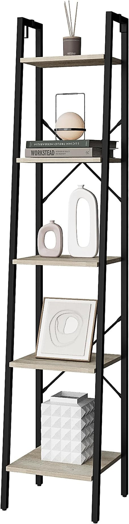 Ladder Shelf, Bookshelf Bookcase, Freestanding Corner Storage Shelve with 2 Hooks for Home Office, Living Room, Kitchen, Bedroom, Industrial, 5-Tier Greige BC03205B