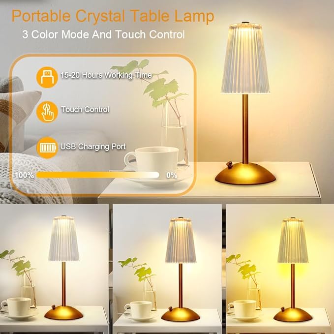 Portable Crystal Table Lamp,Cordless Metal Vintage Desk Lamp,3 Color Touch Control Rechargeable Lamp,3-Levels Brightness Room Decor Desk Lamp,Living Room,Kitchen,Dining Room Lamp (Gold-4)