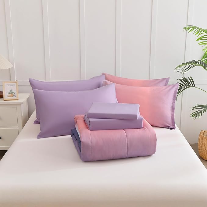 7 Pieces Comforter Set Full/Queen Size - Gradient Pink and Purple All Season Teens Rainbow Comforter Bedding Set, Ultra Soft Fluffy Microfiber Bed in a Bag for Kids