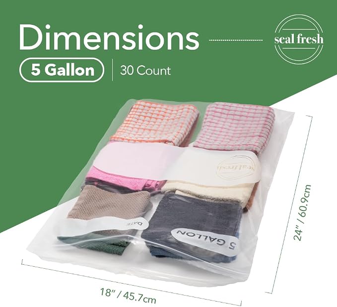 Seal Fresh 5 Gallon Large Plastic Storage Bags – 18" x 24" (30 Count) – Reusable XXL Extra Large Clear Jumbo Zip Bags with Sealable Zipper Top For Clothes, Travel, Moving