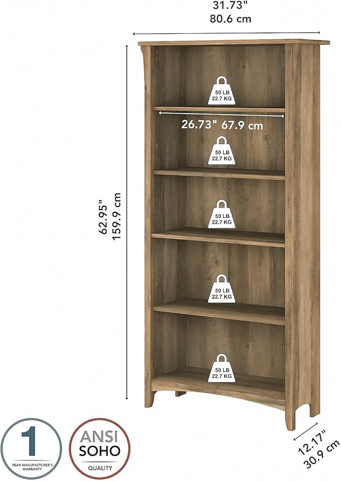 Bush Furniture Salinas Tall 5 Shelf Bookcase in Reclaimed Pine