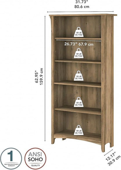Bush Furniture Salinas Tall 5 Shelf Bookcase in Reclaimed Pine