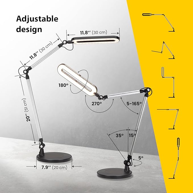 Led Desk Lamp | Architect Desk Lamps for Home Office | Desk Light Swing Arm with Wireless Charger, Adjustable Color temp & Brightness | Tall Table Lamp for Work, Reading, Study, Computer Monitor