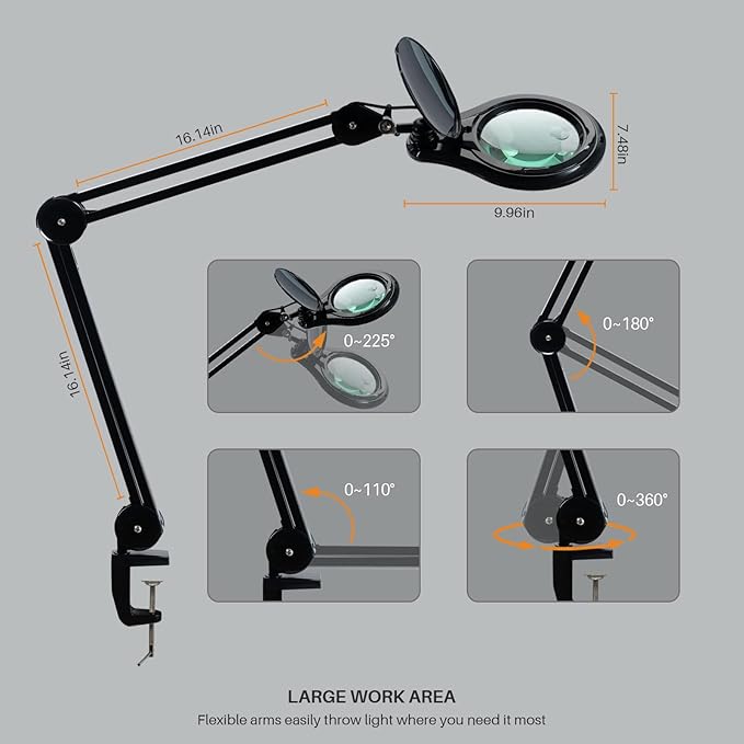 Bifocals LED Magnifying Lamp with Clamp, 5 Diopter with 20 Diopter, 5 Inch Magnifier Glass Lens, 1200 Lumens Dimmable Magnifier Lamp for Desk Craft Hobby with 60PCS Bright LEDs