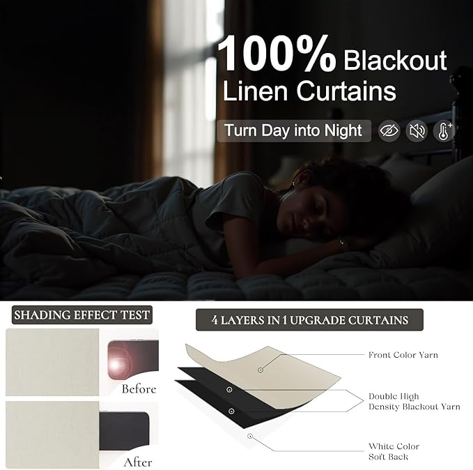 54 Inch Curtains Sunblock Curtains for Bedroom 2 Panel Set Flax Linen Short Blackout Insulated Thermal Opaque Curtain for Summer Heat Kitchen 4.5 ft Drapes for 50 Inch Small Window 52x54 Length Beige