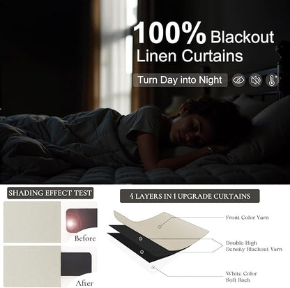 54 Inch Curtains Sunblock Curtains for Bedroom 2 Panel Set Flax Linen Short Blackout Insulated Thermal Opaque Curtain for Summer Heat Kitchen 4.5 ft Drapes for 50 Inch Small Window 52x54 Length Beige