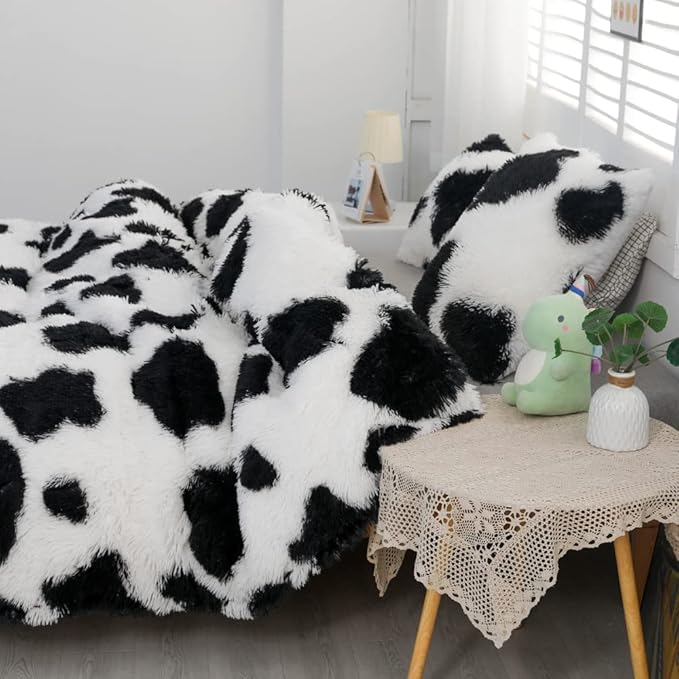 Faux Fur Kids Girls Cow Print Comforter Sets Twin/Full - 3PC Bed Set Warm Comfortable Soft Plush Flannel Velvet Fluffy Fuzzy Bedding（Comforter x 1 Pillowcases x 2）