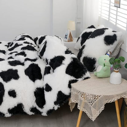 Faux Fur Kids Girls Cow Print Comforter Sets Queen - 3PC Bed Set Warm Comfortable Soft Plush Flannel Velvet Fluffy Fuzzy Bedding（Comforter x 1 Pillowcases x 2）