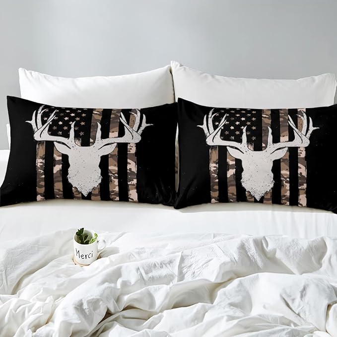 Erosebridal American Flag Bedding Full, Hunting Deer Theme Comforter Set for Kids Boys Youth Adults, Geometric Camo Stripes Bedding Comforter Sets Bedroom Decor with 2 Pillowcases