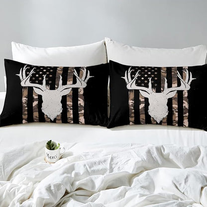 Erosebridal American Flag Bedding Full, Hunting Deer Theme Comforter Set for Kids Boys Youth Adults, Geometric Camo Stripes Bedding Comforter Sets Bedroom Decor with 2 Pillowcases