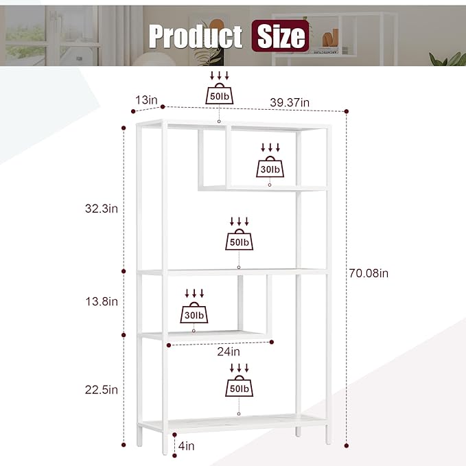 HOME BI Geometric Bookshelf, Tall Modern Etagere Bookcase, Industrial Metal Book Shelf with 5 Open Display Shelves for Office Living Room, White