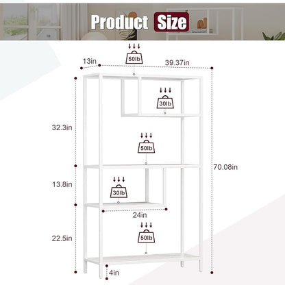 HOME BI Geometric Bookshelf, Tall Modern Etagere Bookcase, Industrial Metal Book Shelf with 5 Open Display Shelves for Office Living Room, White