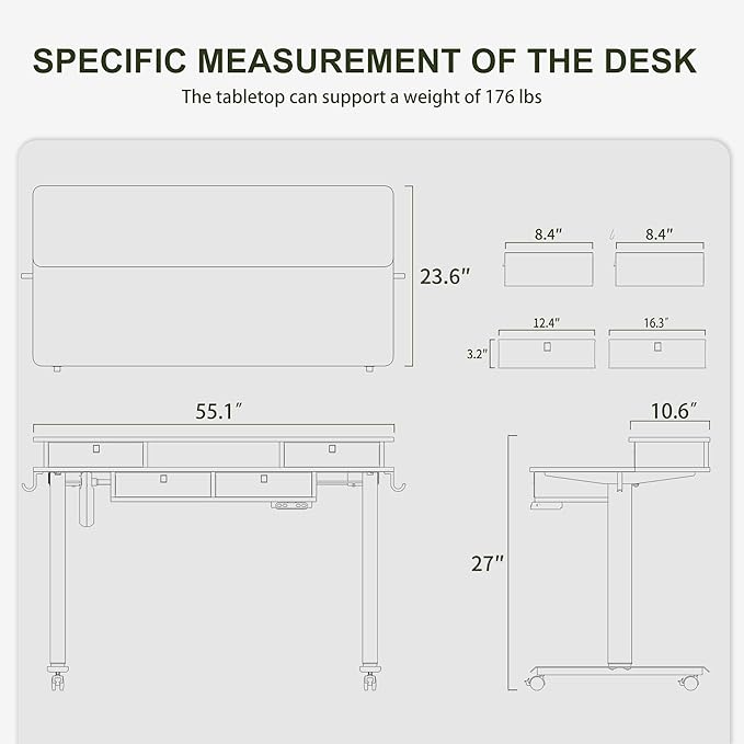 BANTI Height Adjustable Electric Standing Desk with 4 Drawers, 55 x 24 Inch Table with Storage Shelf, Sit Stand Desk, White Top