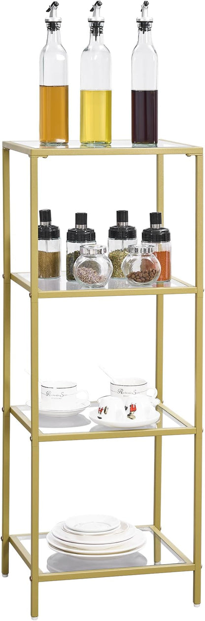 4-Tier Bookshelf,Metal Bookcase,Tempered Glass Shelves,Storage Rack Shelf for Home Office,Living Room,Bedroom, Bathroom,Modern Style,Golden