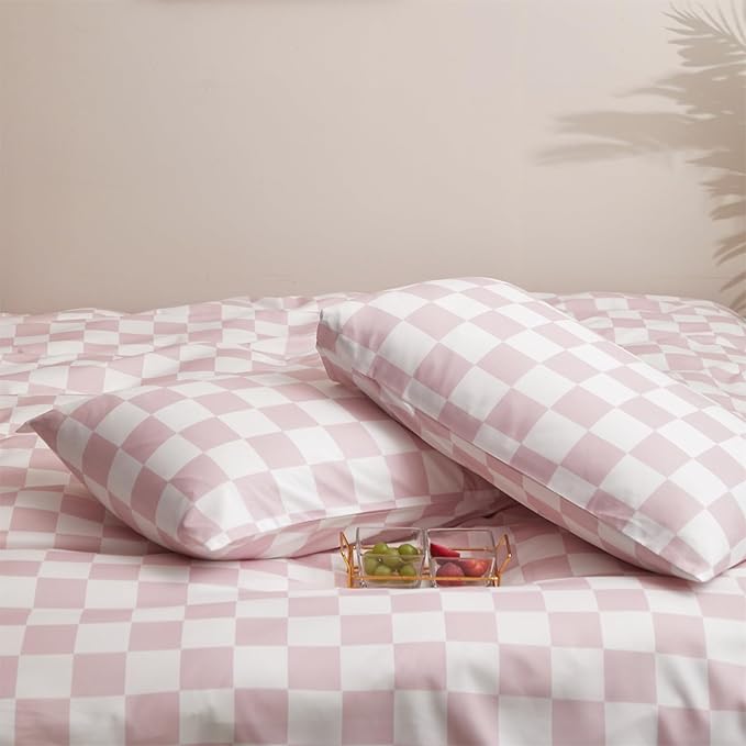 Pink Grid Comforter Full Pink Plaid Bedding Set Girls Pink White Checkered Bed Comforter Set Breathable Blanket Set Kids Durable Bedding Comforter Set