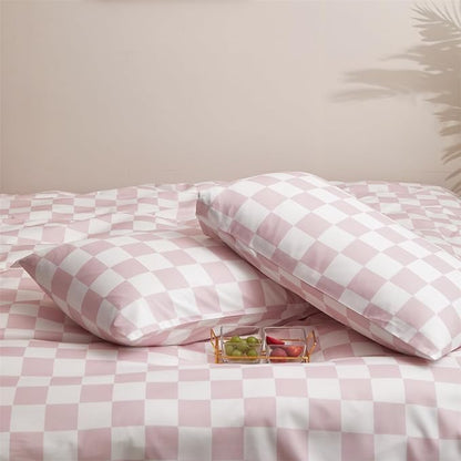 Pink White Grid Comforter Set King Pink Plaid Bedding Set Women Pink and White Checkered Bed Comforter Set Breathable Blanket Set Men Durable Bedding Comforter Set