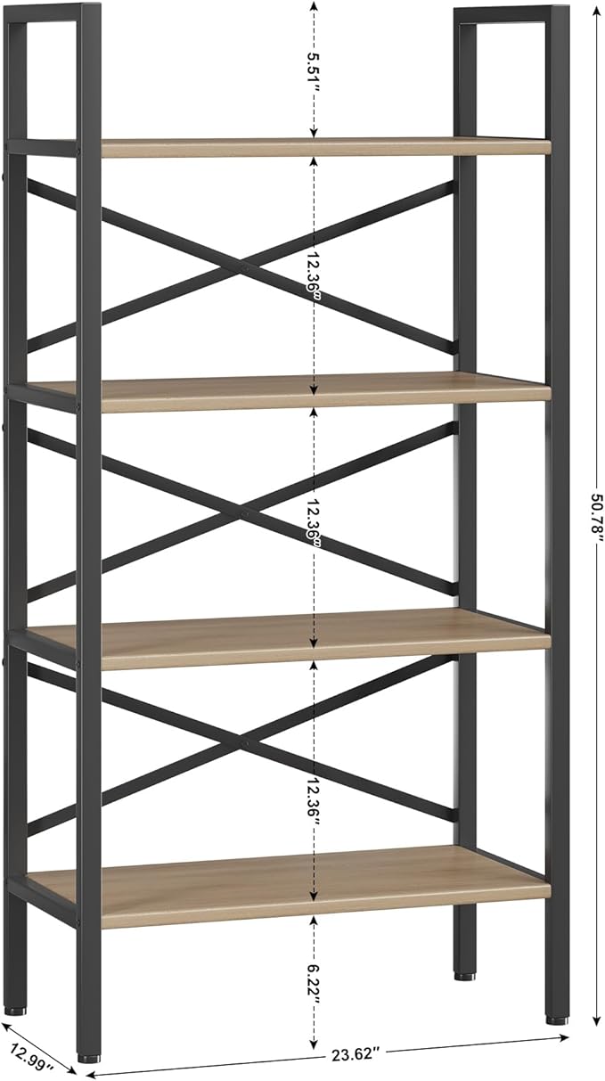 4 Tier Book shelf 23.6" W, Small Bookcase with Open Shelves, BookShelf with Storage, Standing Book Shelves Organizers and Storage for Living Room, Kitchen, Home, Office (Light Coffee)