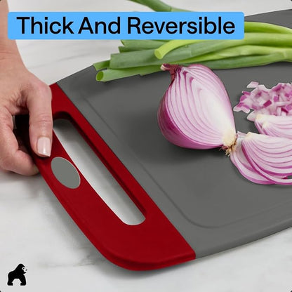 GORILLA GRIP BPA-Free Reversible Kitchen Cutting Board Set of 3, US Designed, Nonporous, Juice Grooves Catch Liquid, Slip Resistant Border, Dishwasher Safe, Durable Large Food Chopping Boards,Gray Red