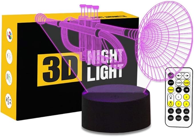 Trumpet Shape 3D Optical Illusion Lamp 7 Colors Change Timing Remote Control and Touch Button LED Table Desk Lamp for Home Bedroom Decoration