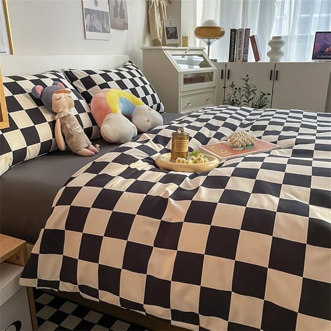 Wellboo Black White Plaid Comforter Sets Full Women Men Black and White Checkerboard Grid Bedding Comforters Cotton Boys Girls Modern Black Checkered Geometric Quilts Luxury Abstract White Bedding