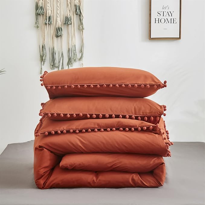 Burnt Orange Comforter Set Full Size Rust Pom Comforter 3 PCs Burnt Orange Boho Ball Pom Fringe Full Comforter Bedding Set Women Solid Terracotta Full Bed Comforter Set All Season Gift