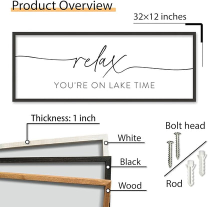 SRSZHIYUE Relax You're On Lake Time Wall Decor Above Bed Sign 32"×12" for Lake House Bedroom Over Bed Large Wood Framed Hanging Art (Black)