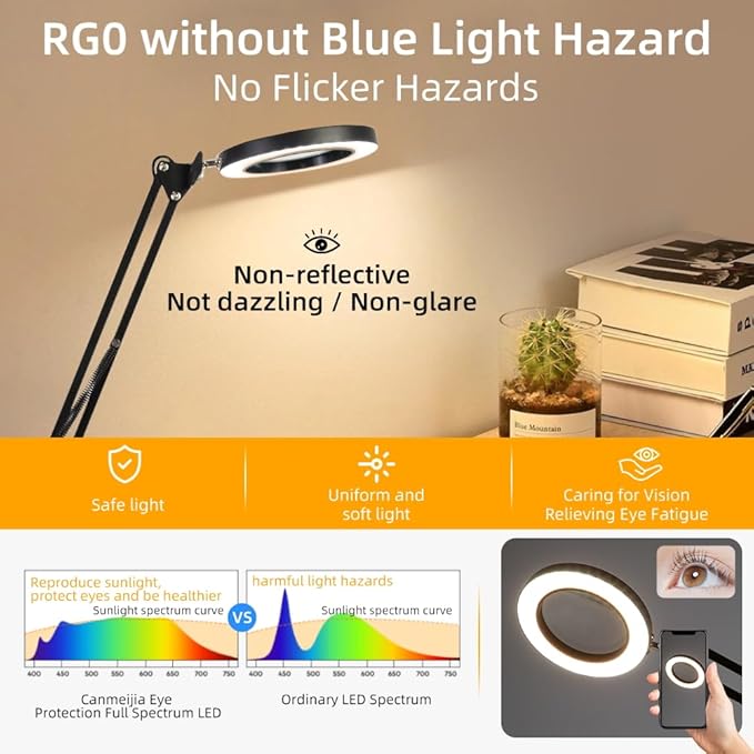 CANMEIJIA 10X Magnifying Glass with Light and Stand,5 Color Modes Stepless Dimmable Clamp on Desk Lamp,2-in-1 Hands-Free Magnifier Lamp for Craft,Painting,Soldering,Hobby,Sewing,Close Work,Reading