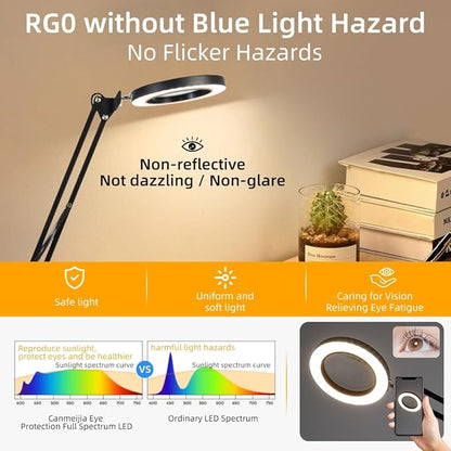 CANMEIJIA 10X Magnifying Glass with Light and Stand,5 Color Modes Stepless Dimmable Clamp on Desk Lamp,2-in-1 Hands-Free Magnifier Lamp for Craft,Painting,Soldering,Hobby,Sewing,Close Work,Reading