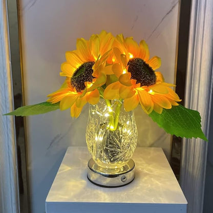 Sunflower Lamp Artificial LED Sunflower Flowers with Glass Vase Table Lamp Night Light for Home Office Decor House Decorations Gift Idea - Rechargeable (3Sunflower)