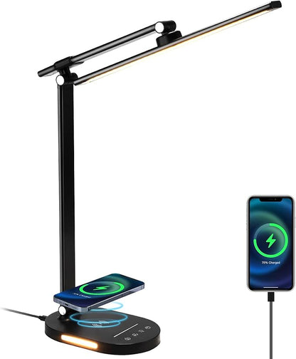 LED Desk Lamp with Wireless Charger, USB Charging Port, Touch Control, 5 Color Modes, 5 Brightness Level, Eye-Caring Desk Lamp for Study Reading, 1H Timer, Home Office Table Lamp