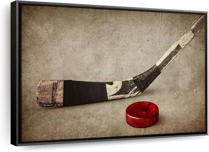 Elephant Stock Vintage Ice Hockey Wall Art - Horizontal Framed Canvas - 1-Piece Hallway Wall Decor - Photography Sports Canvas Print - Brown and Beige Decor for Wall - 40" X 27"