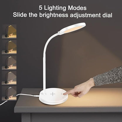 Desk Lamp, LED Desk lamp with USB Charging Port, 5 Lighting Modes 10 Brightness Levels, Sensitive Control Eye-Caring Office Lamp White