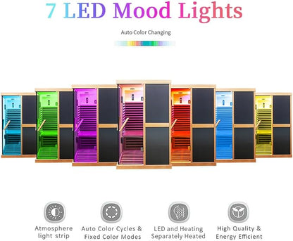 2 Person Sauna Infrared Saunas APP Control 7 Color Light 1980W Wooden Home Spa Room Canadian Hemlock Wood Low-EMF Indoor Saunas 47.2 * 47.2 * 75.6inch