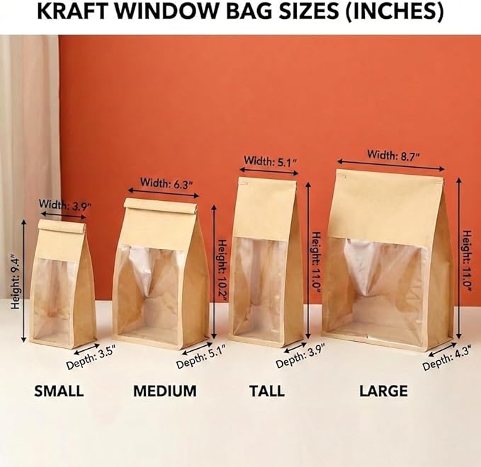200 Pack Eco-Friendly Kraft Paper Bakery Bags with Clear Window, Reusable Tin Tie Tab Lock for Sealed Freshness, Baked Goods Packaging for Gifting and Bake Sale Extra small(3.9*9.4*3.5Inches)