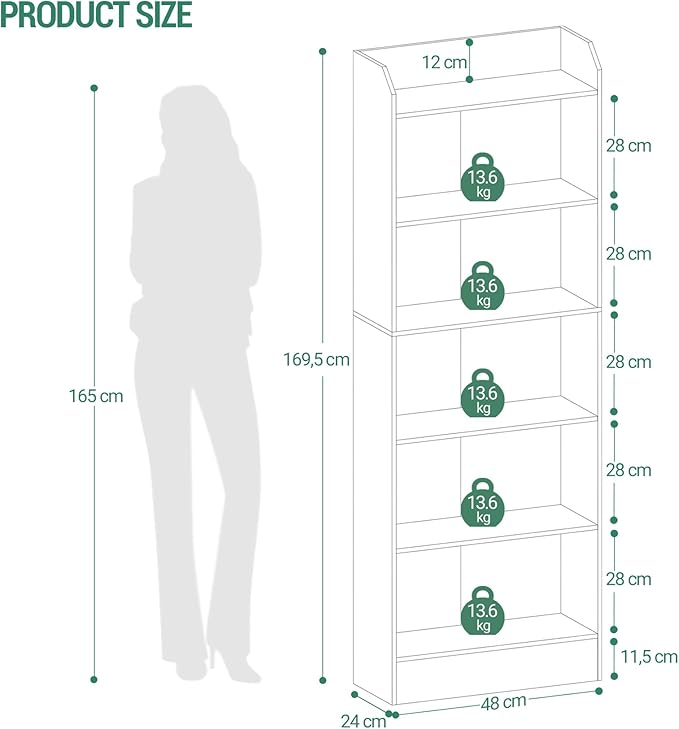 6-Tier Bookshelf, 66.7 Inches Floor Standing Bookcase, Display Storage Shelf, Corner Shelf, Home Decor Furniture for Home Office, Living Room, Bedroom, White 02903XBC