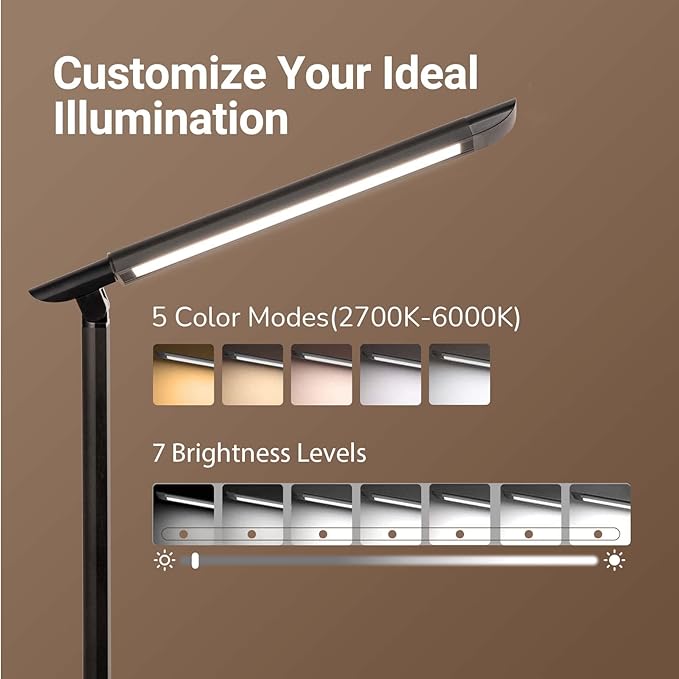 LED Desk Lamp, Eye-Caring Table Lamp with USB Charging Port, 35 Lighting Modes, Touch/Memory Function, Dimmable Reading Lamp Task Lamp Desk Lamps for Home Office (Black)